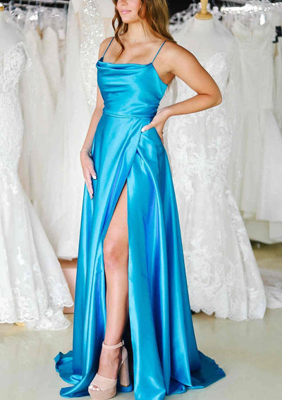 A-line Cowl Neck Spaghetti Straps Sweep Train Charmeuse Prom Dress, Split Pockets