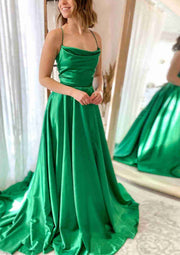 A-line Cowl Neck Spaghetti Straps Sweep Train Charmeuse Prom Dress, Split Pockets