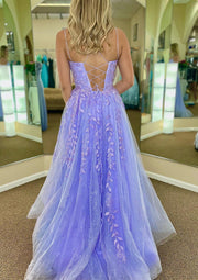 A-line Scoop Neck Spaghetti Straps Sweep Train Appliqued Tulle Prom Dress, Glitter