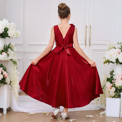 A-line Sleeveless V Neck Red Satin Long Formal Girl's Party Dress, Bows Flowers