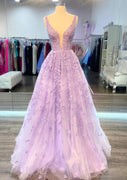 A-line Plunging Sleeveless Floor-Length Lilac Lace Prom Party Dress, Beading