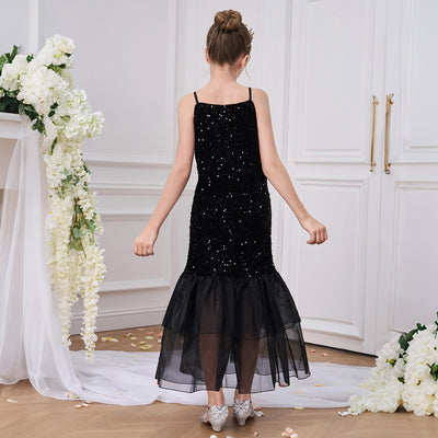 Mermaid Black Sequin Tulle Spaghetti Straps Tea Length Girl's Party Dress