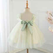 3D Flowers Cap Sleeve Tullle Sash Square Back Pleated Wedding Flower Girl Dress