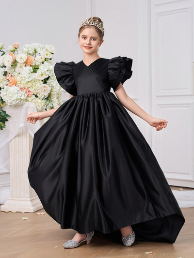 Black Satin Ruffled Butterfly Sleeve High Low Ball Gown Wedding Party Girl Dress