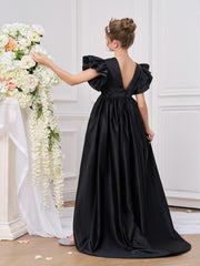 Black Satin Ruffled Butterfly Sleeve High Low Ball Gown Wedding Party Girl Dress