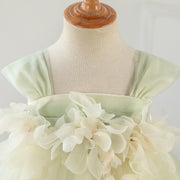 3D Flowers Cap Sleeve Tullle Sash Square Back Pleated Wedding Flower Girl Dress