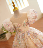 Princess Ball Gown Puffy Sleeve Sequin Lace Wedding Kids Party Flower Girl Dress