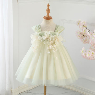 3D Flowers Cap Sleeve Tullle Sash Square Back Pleated Wedding Flower Girl Dress