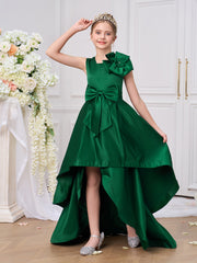 Sleeveless Green Satin High Low Wedding Party Flower Girl Dress, Train Sash Bow