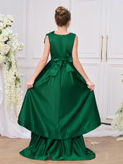 Sleeveless Green Satin High Low Wedding Party Flower Girl Dress, Train Sash Bow