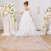 Floral Lace Off Shoulder Puff Sleeves Tea Length Cathedral Train Flower Girl Dress