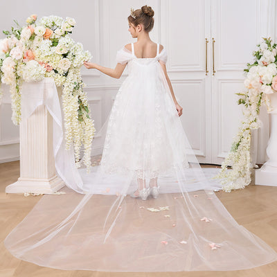 Floral Lace Off Shoulder Puff Sleeves Tea Length Cathedral Train Flower Girl Dress