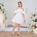 Off Shoulder Straps Short Puffy Sleeve White Lace Satin Girl Party Dress, Bow