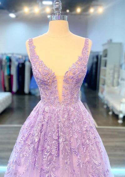 A-line Plunging Sleeveless Floor-Length Lilac Lace Prom Party Dress, Beading