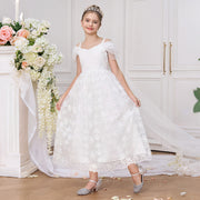 Floral Lace Off Shoulder Puff Sleeves Tea Length Cathedral Train Flower Girl Dress