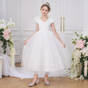 Princess Fluffy Cap Sleeve White Tulle Sequined V Back Flower Girl Dress, Bow