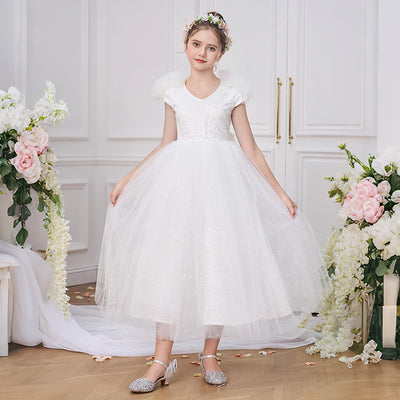 Princess Fluffy Cap Sleeve White Tulle Sequined V Back Flower Girl Dress, Bow