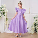 A-line Ruffled Sleeve Lavender Satin Tea Length Girl's Party Dress, Beading Flowers