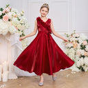 A-line Sleeveless V Neck Red Satin Long Formal Girl's Party Dress, Bows Flowers