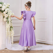 A-line Ruffled Sleeve Lavender Satin Tea Length Girl's Party Dress, Beading Flowers