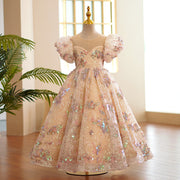 Princess Ball Gown Puffy Sleeve Sequin Lace Wedding Kids Party Flower Girl Dress