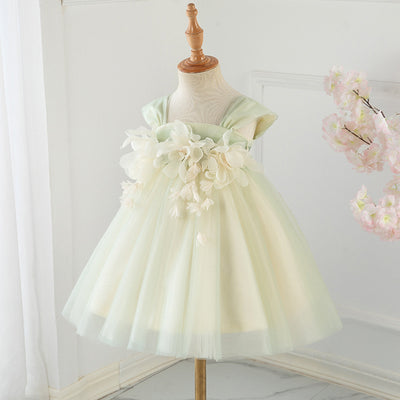 3D Flowers Cap Sleeve Tullle Sash Square Back Pleated Wedding Flower Girl Dress