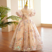 Princess Ball Gown Puffy Sleeve Sequin Lace Wedding Kids Party Flower Girl Dress