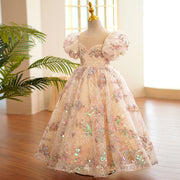 Princess Ball Gown Puffy Sleeve Sequin Lace Wedding Kids Party Flower Girl Dress