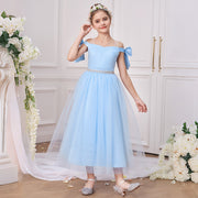 Princess Off Shoulder Sky Blue Tulle Tea Length Flower Girl Party Dress, Sash Bowknot