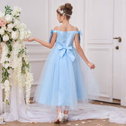 Princess Off Shoulder Sky Blue Tulle Tea Length Flower Girl Party Dress, Sash Bowknot