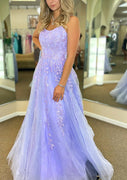 A-line Scoop Neck Spaghetti Straps Sweep Train Appliqued Tulle Prom Dress, Glitter