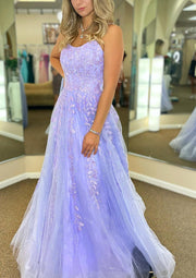 A-line Scoop Neck Spaghetti Straps Sweep Train Appliqued Tulle Prom Dress, Glitter