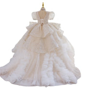 Princess Beading Sequined White Lace Tulle Wedding Flower Girl Dress Pageant Party Gown