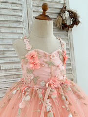 Ball Gown Sweetheart 3D Flowers Beaded Pink Tulle Wedding Flower Girl Dress