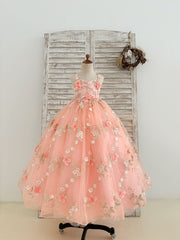 Ball Gown Sweetheart 3D Flowers Beaded Pink Tulle Wedding Flower Girl Dress