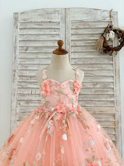 Ball Gown Sweetheart 3D Flowers Beaded Pink Tulle Wedding Flower Girl Dress