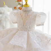 Princess Beading Sequined White Lace Tulle Wedding Flower Girl Dress Pageant Party Gown