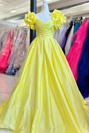 A-line Off Shoulder Ruffle Sleeve Taffeta Sweep Train Long Prom Gown, Pleated