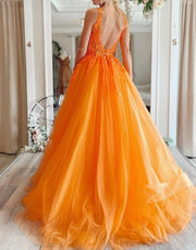 Princess Plunging Sleeveless Floor-Length Tulle Ball Gown Prom Dress, Lace Beaded