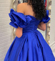 A-line Off Shoulder Ruffle Sleeve Taffeta Sweep Train Long Prom Gown, Pleated