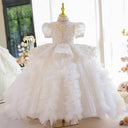 Princess Beading Sequined White Lace Tulle Wedding Flower Girl Dress Pageant Party Gown