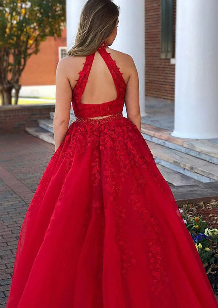 2 Piece Set Dress A-line High-Neck Sleeveless Red Lace Tulle Prom Gown -  Princessly