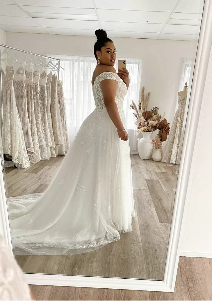 A-line Off Shoulder Floor Length Court Lace Tulle Plus Size Wedding Dr -  Princessly