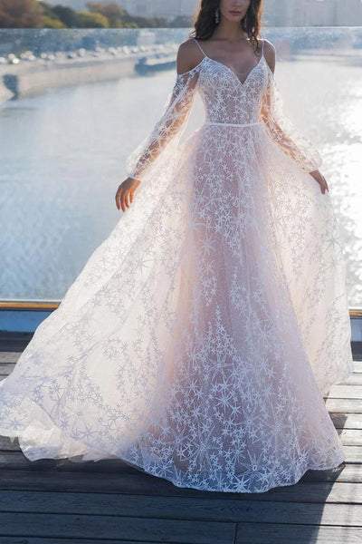 Chokoluy Princess Lace Wedding Dress Bride with Long Sleeves Appliques  Tulle Beach Bridal Gown (Color : White, Size : 2) : : Clothing,  Shoes & Accessories
