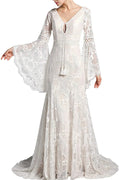 Boho Lace Long Bell Sleeves V Neck Mermaid Sweep vestido de novia