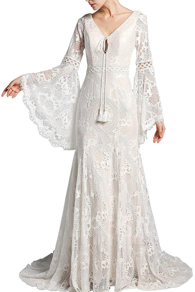 Chokoluy Princess Lace Wedding Dress Bride with Long Sleeves Appliques  Tulle Beach Bridal Gown (Color : White, Size : 2) : : Clothing,  Shoes & Accessories