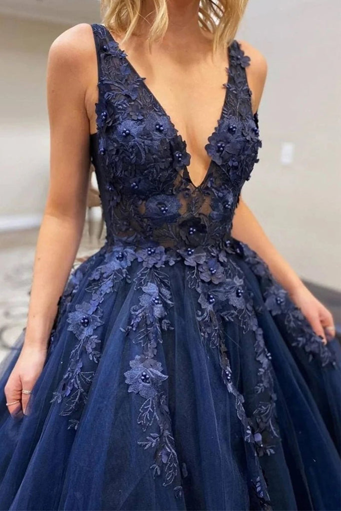 A Line V Neck Backless Navy Blue Long Prom Dresses with High Slit, Backless  Navy Blue Formal Dress, Navy Blue Evening Dress