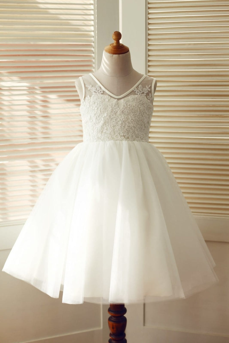 V Back Ivory Lace Tulle Wedding Flower Girl Dress - Princessly