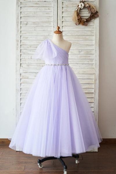 Princess Sheer Neck Pleated Purple Tulle Wedding Flower Girl Dress