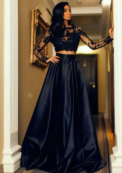 Two Piece Navy Lace Floral Satin Long Sleeve V-back Homecoming